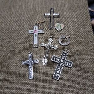 Mixed Vintage Style Cross Charm Lot | Enamel Rose, Crucifix, Pendants 8 Pcs